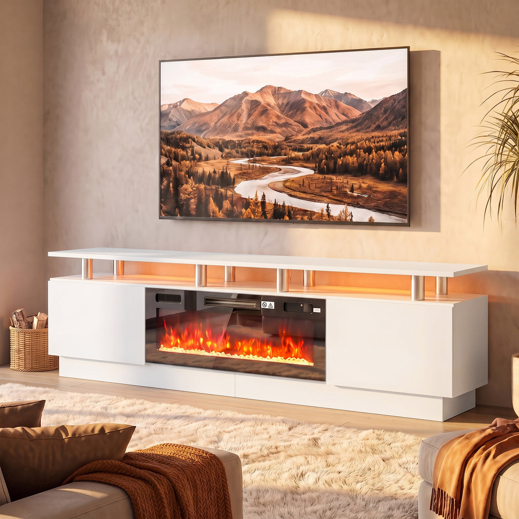 Meuble TV avec Cheminée Électrique 203cm avec Éclairage LED Fausse Cheminée Décorative 900/1800W Effet Flamme 3D Blanc
