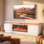 Meuble TV avec Cheminée Électrique 203cm avec Éclairage LED Fausse Cheminée Décorative 900/1800W Effet Flamme 3D Blanc