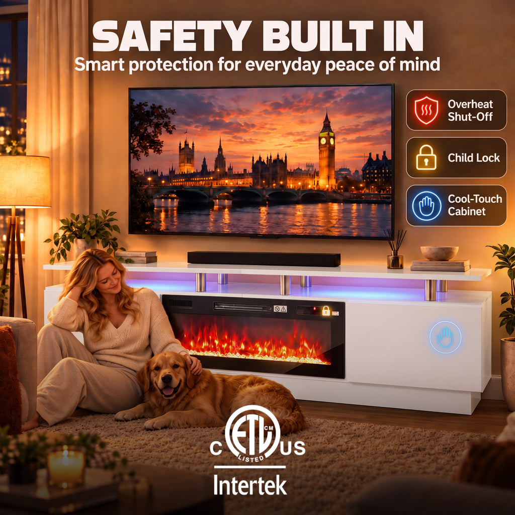 Meuble TV avec Cheminée Électrique 203cm avec Éclairage LED Fausse Cheminée Décorative 900/1800W Effet Flamme 3D Blanc