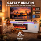 Meuble TV avec Cheminée Électrique 203cm avec Éclairage LED Fausse Cheminée Décorative 900/1800W Effet Flamme 3D Blanc