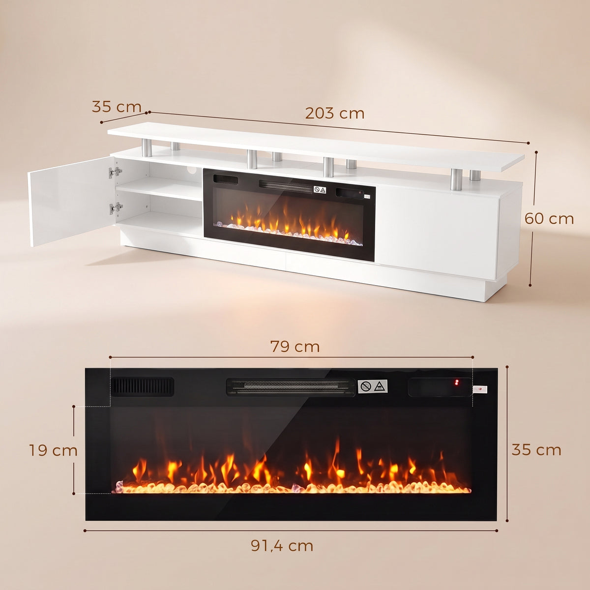 Meuble TV avec Cheminée Électrique 203cm avec Éclairage LED Fausse Cheminée Décorative 900/1800W Effet Flamme 3D Blanc