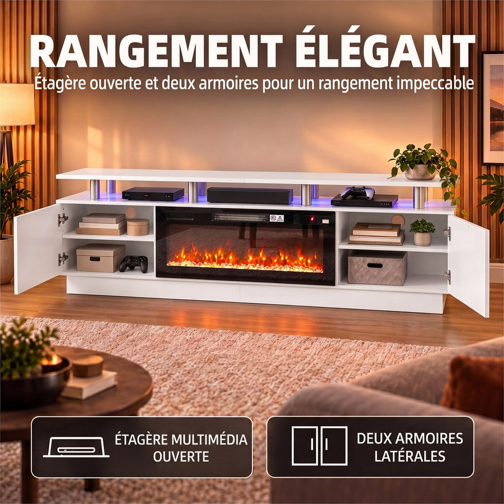Meuble TV avec Cheminée Électrique 203cm avec Éclairage LED Fausse Cheminée Décorative 900/1800W Effet Flamme 3D Blanc