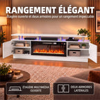 Meuble TV avec Cheminée Électrique 203cm avec Éclairage LED Fausse Cheminée Décorative 900/1800W Effet Flamme 3D Blanc