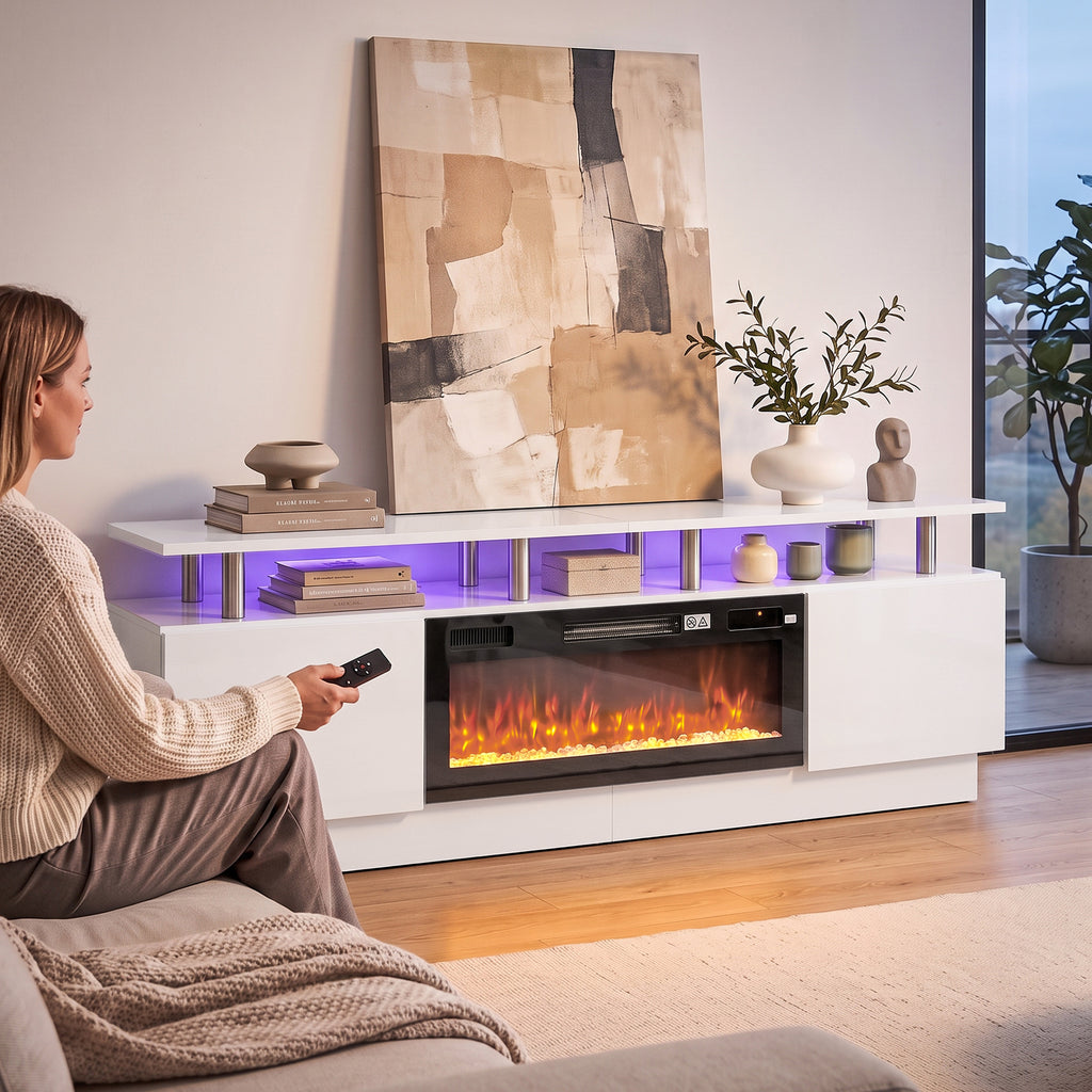 Meuble TV avec Cheminée Électrique 203cm avec Éclairage LED Fausse Cheminée Décorative 900/1800W Effet Flamme 3D Blanc