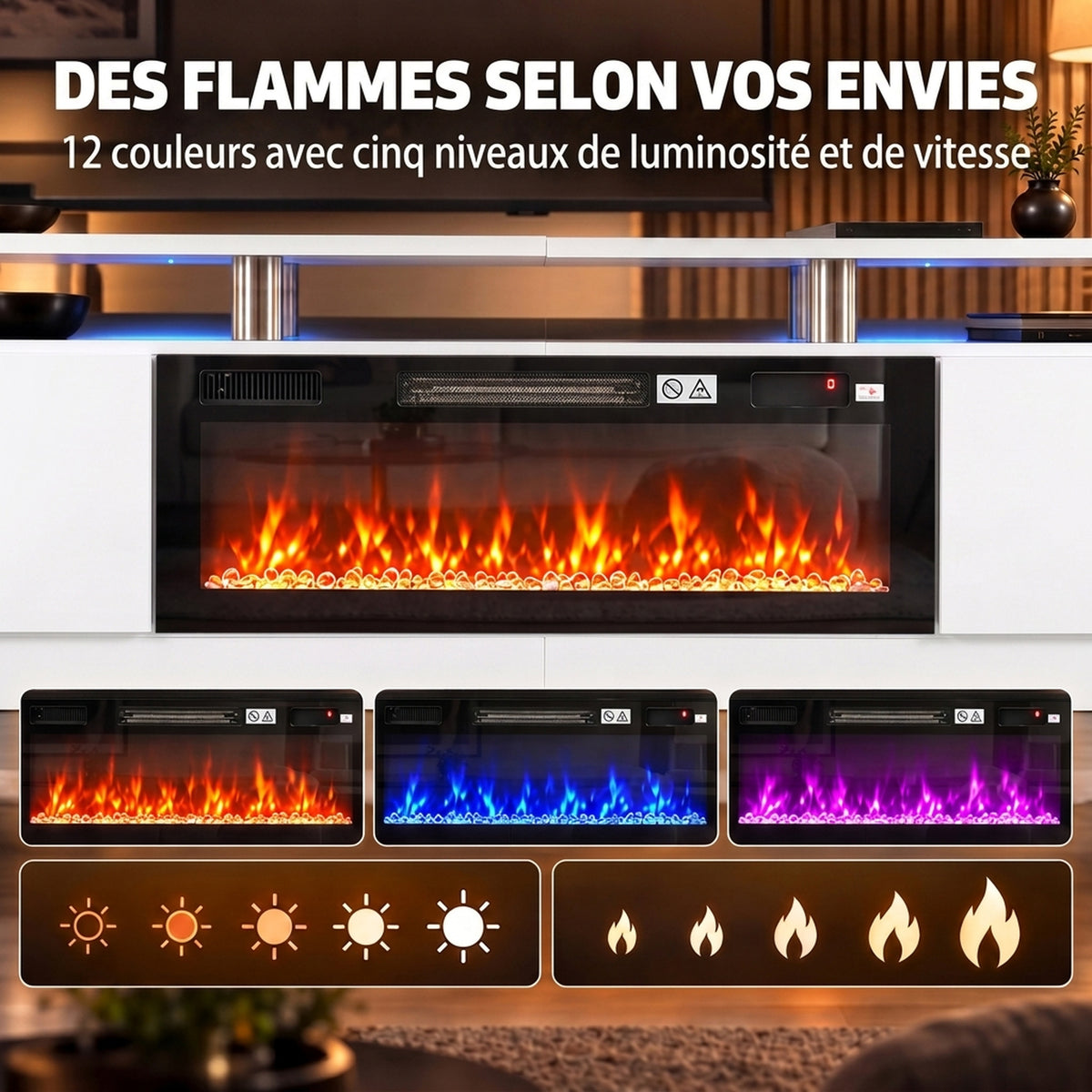 Meuble TV avec Cheminée Électrique 203cm avec Éclairage LED Fausse Cheminée Décorative 900/1800W Effet Flamme 3D Blanc