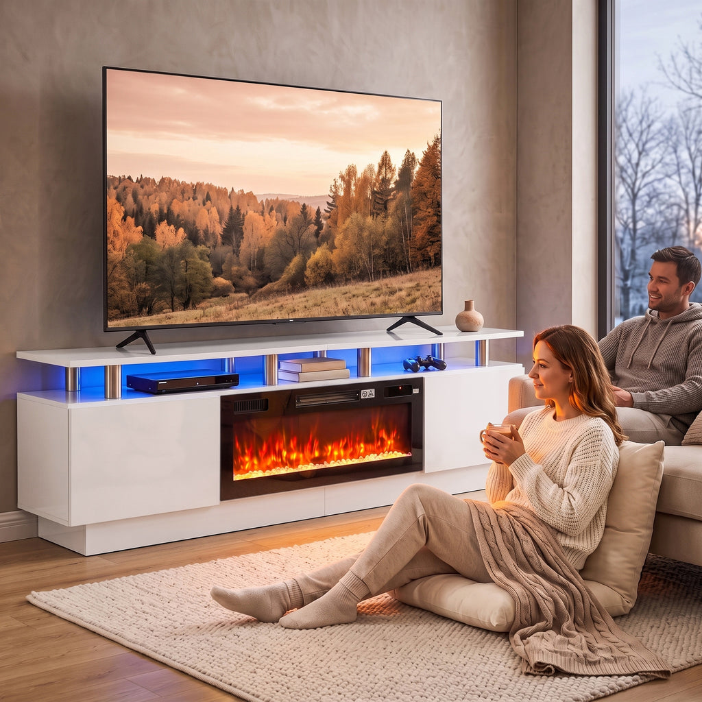 Meuble TV avec Cheminée Électrique 203cm avec Éclairage LED Fausse Cheminée Décorative 900/1800W Effet Flamme 3D Blanc