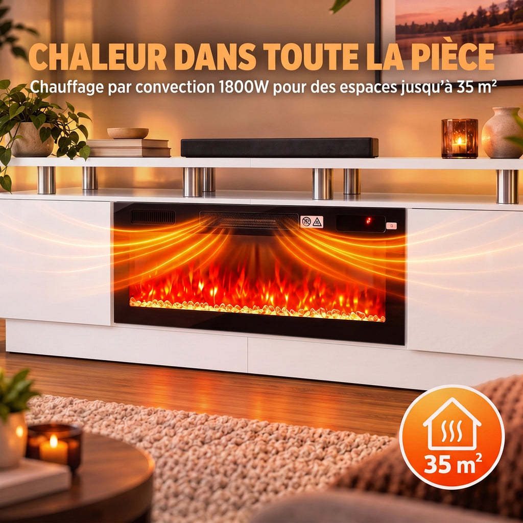 Meuble TV avec Cheminée Électrique 203cm avec Éclairage LED Fausse Cheminée Décorative 900/1800W Effet Flamme 3D Blanc